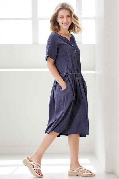 Casual Navy Blue Short-Sleeved Pleated Mid-Length Dress for Women C268