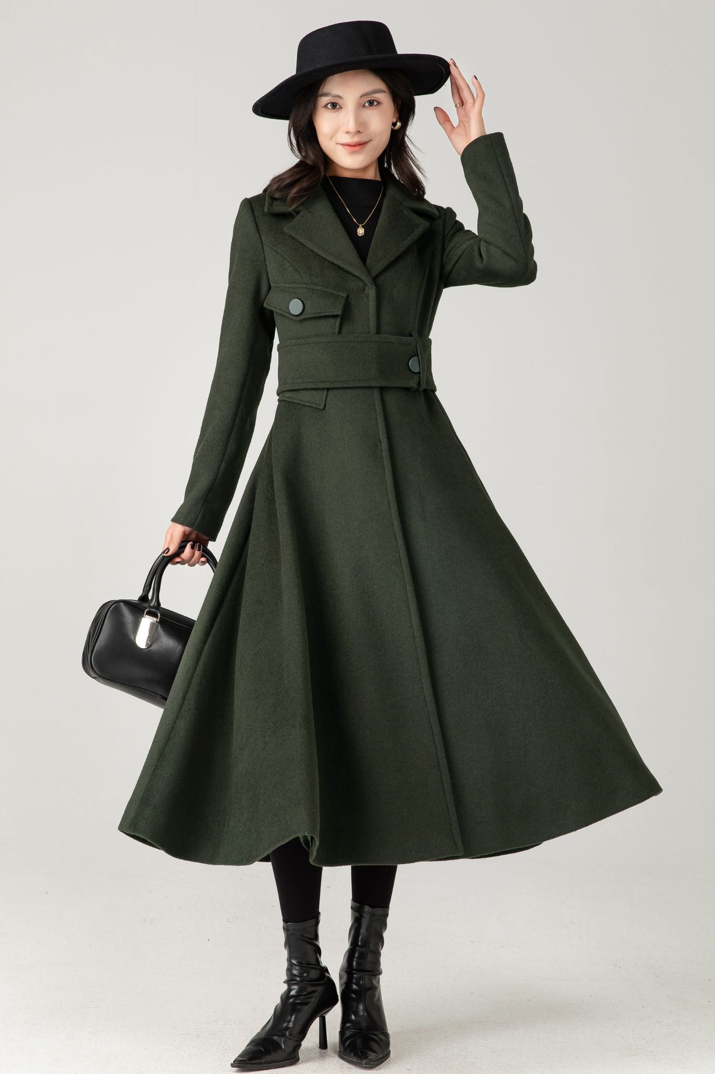 Green Wool Coat: Women’s Tailored Belted A-Line Winter Overcoa C5336