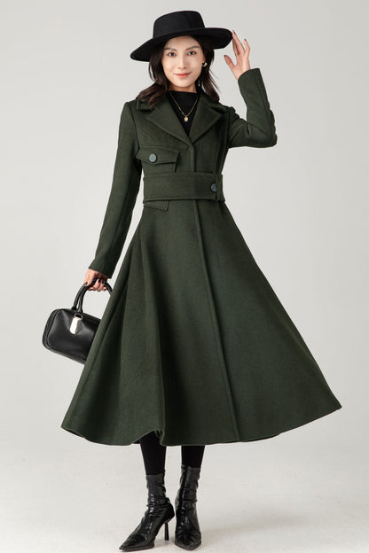 Green Wool Coat: Women’s Tailored Belted A-Line Winter Overcoa C5336
