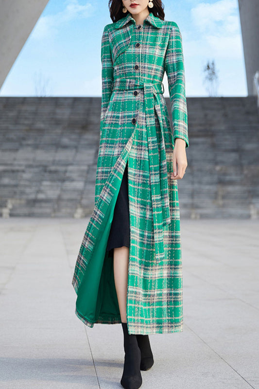 Women's Autumn and winter green plaid wool coat C4211