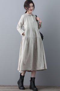 Loose Linen Midi Oversized Long Sleeve A line Dress with Pocket C1848