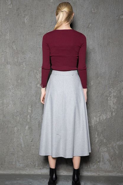 Gray pleated winter wool skirt women C737