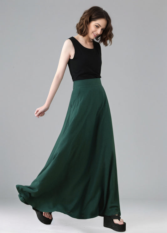 Long Green A-Line  Linen Maxi Skirt C5156