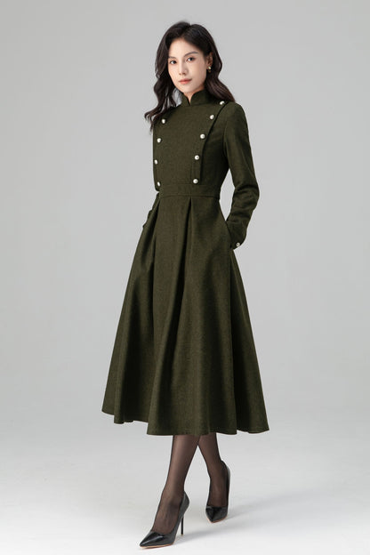 Military-Inspired Long Sleeve Wool Dress C5195