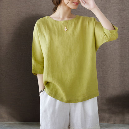 Green Half Sleeve Linen Tops C4855