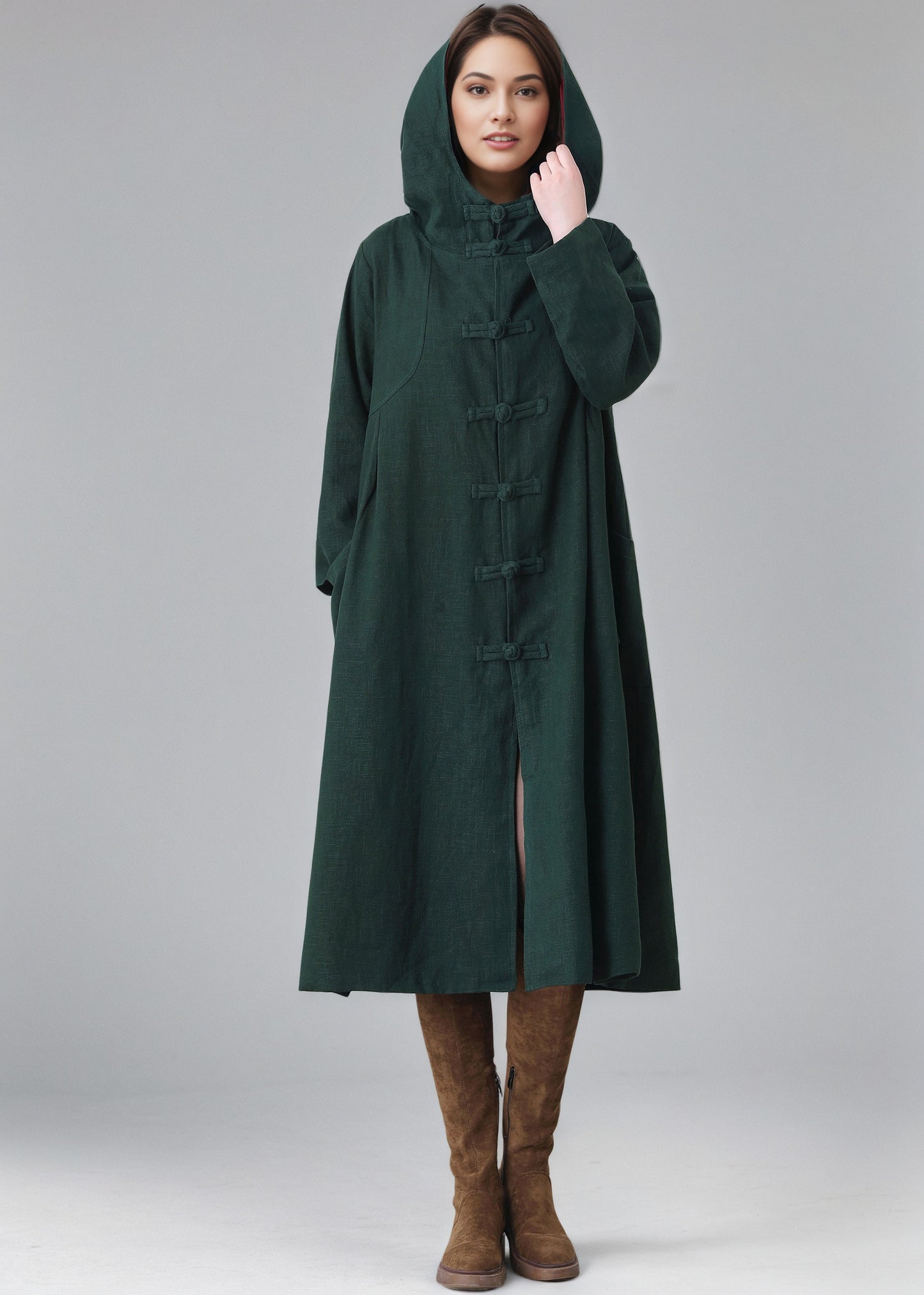 Women's Oversized Hooded Linen Jacket, Green Linen Cape Coat C5148