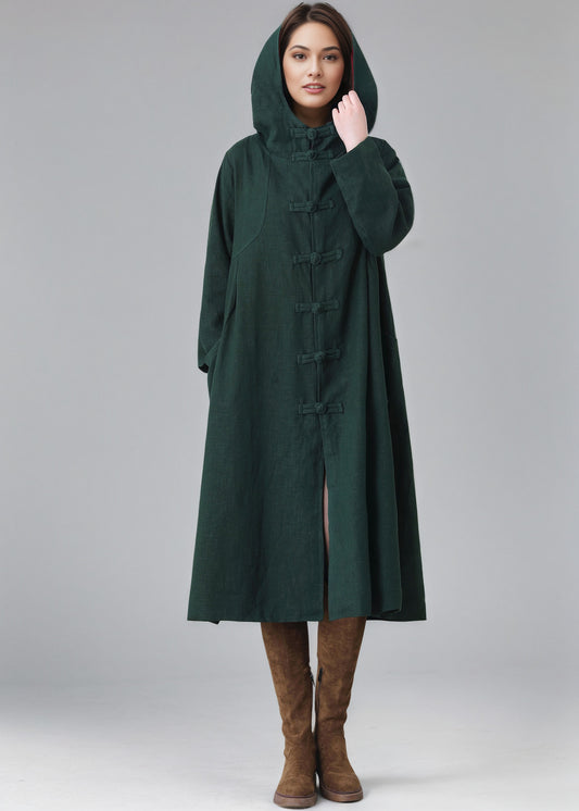 Women's Oversized Hooded Linen Jacket, Green Linen Cape Coat C5148