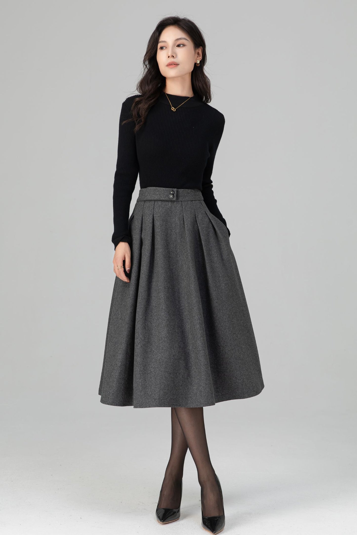 Winter Warm Pleated Midi High Waist Wool Skirt C5200