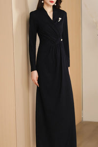 Black women's spring and autumn v neck long dress C4191