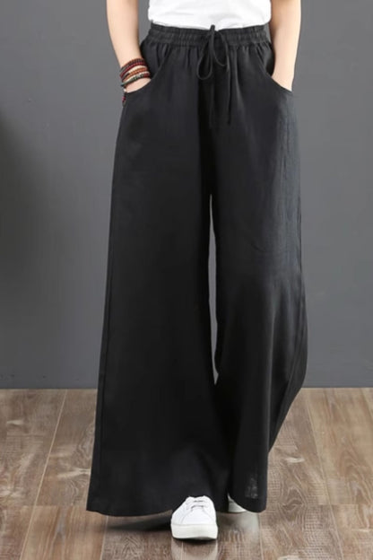 Long wide leg linen pants with drawstring waist C4428