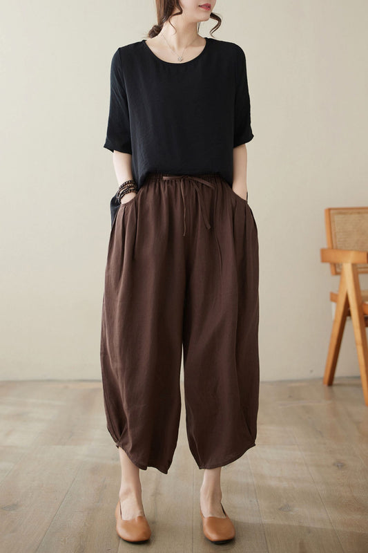 Brown linen pants women C3966