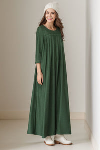 Green Wool winter maxi pleated dress C4273