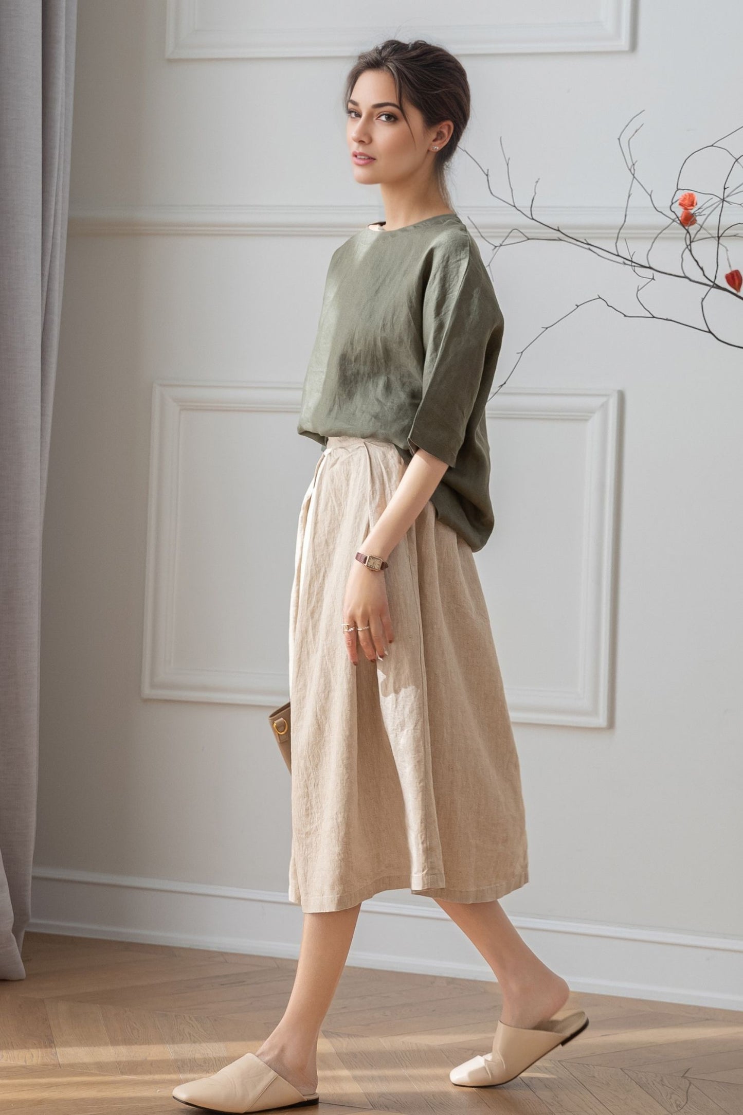 A-Line Midi Linen Skirt C5316
