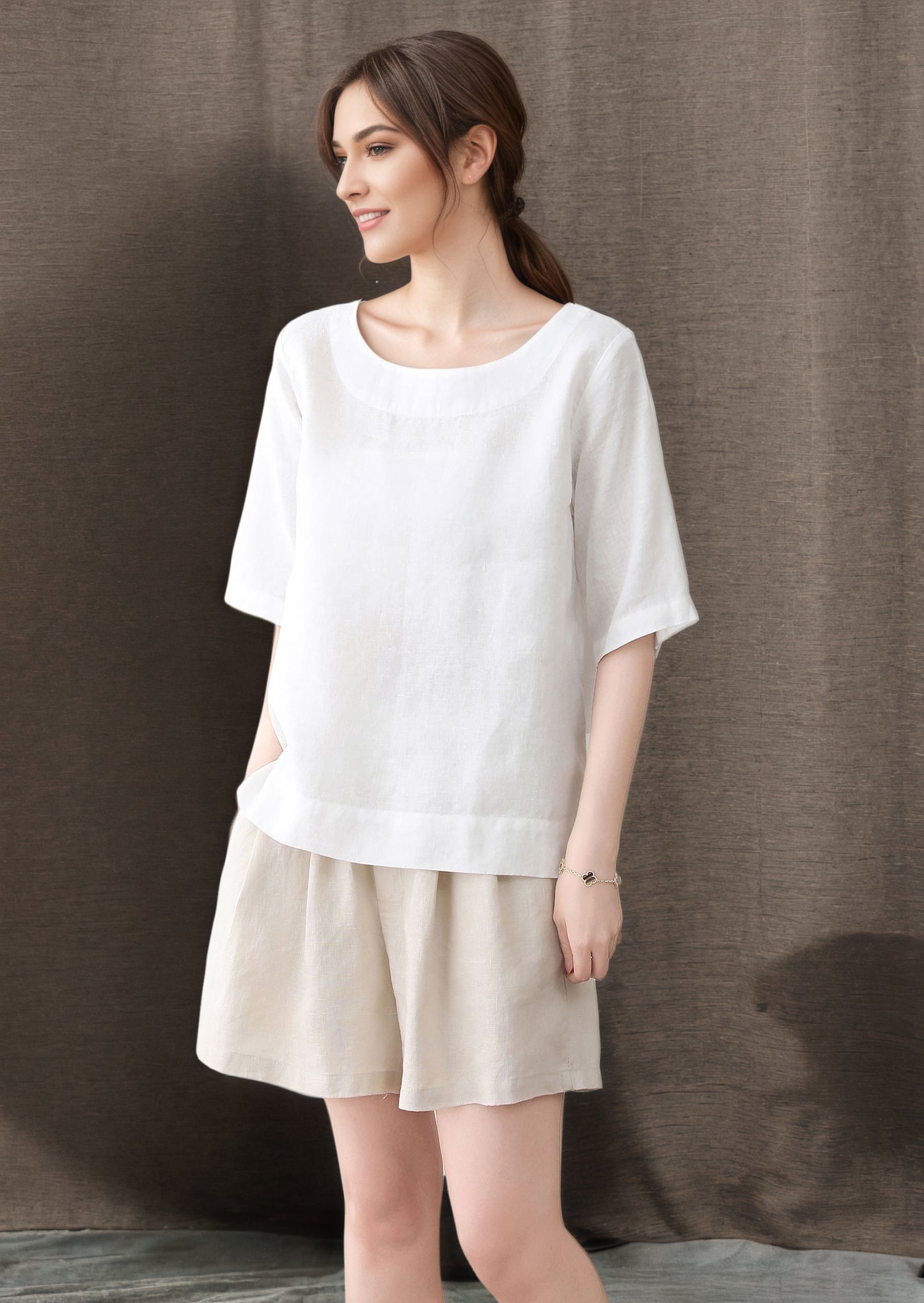 White Short sleeve summer linen blouse C4849