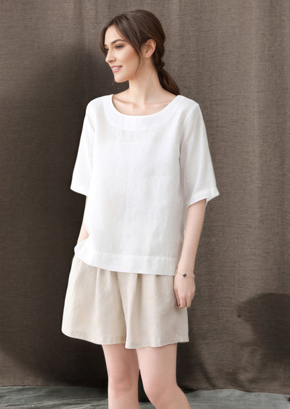 White Short sleeve summer linen blouse C4849