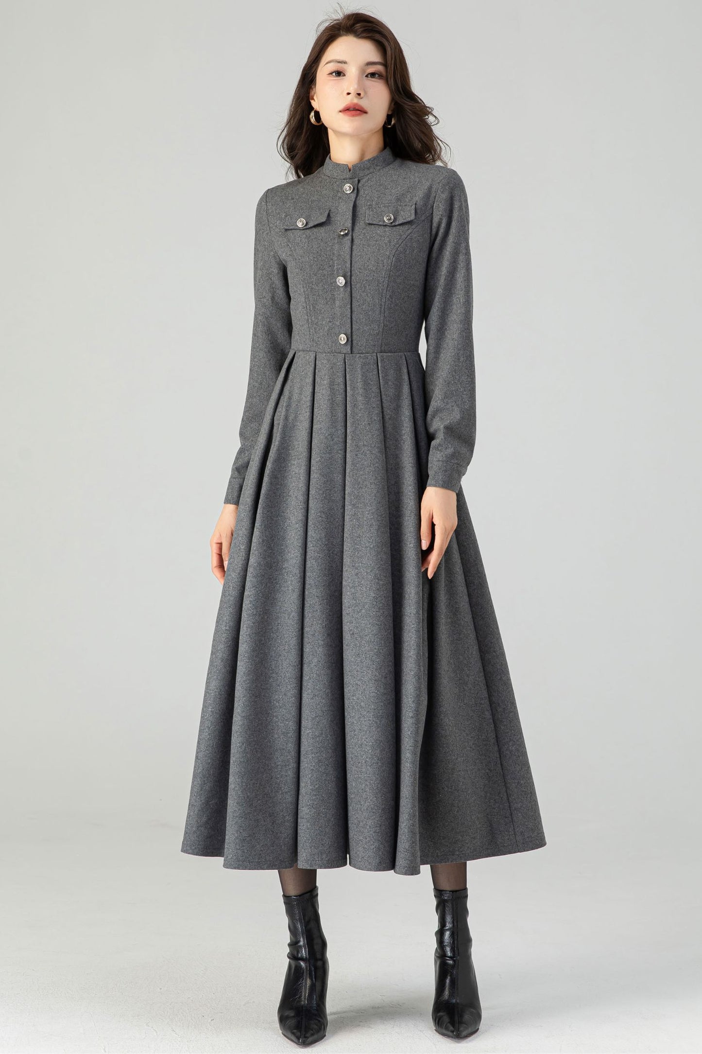 Autumn/winter Gray Wool Dress C4316