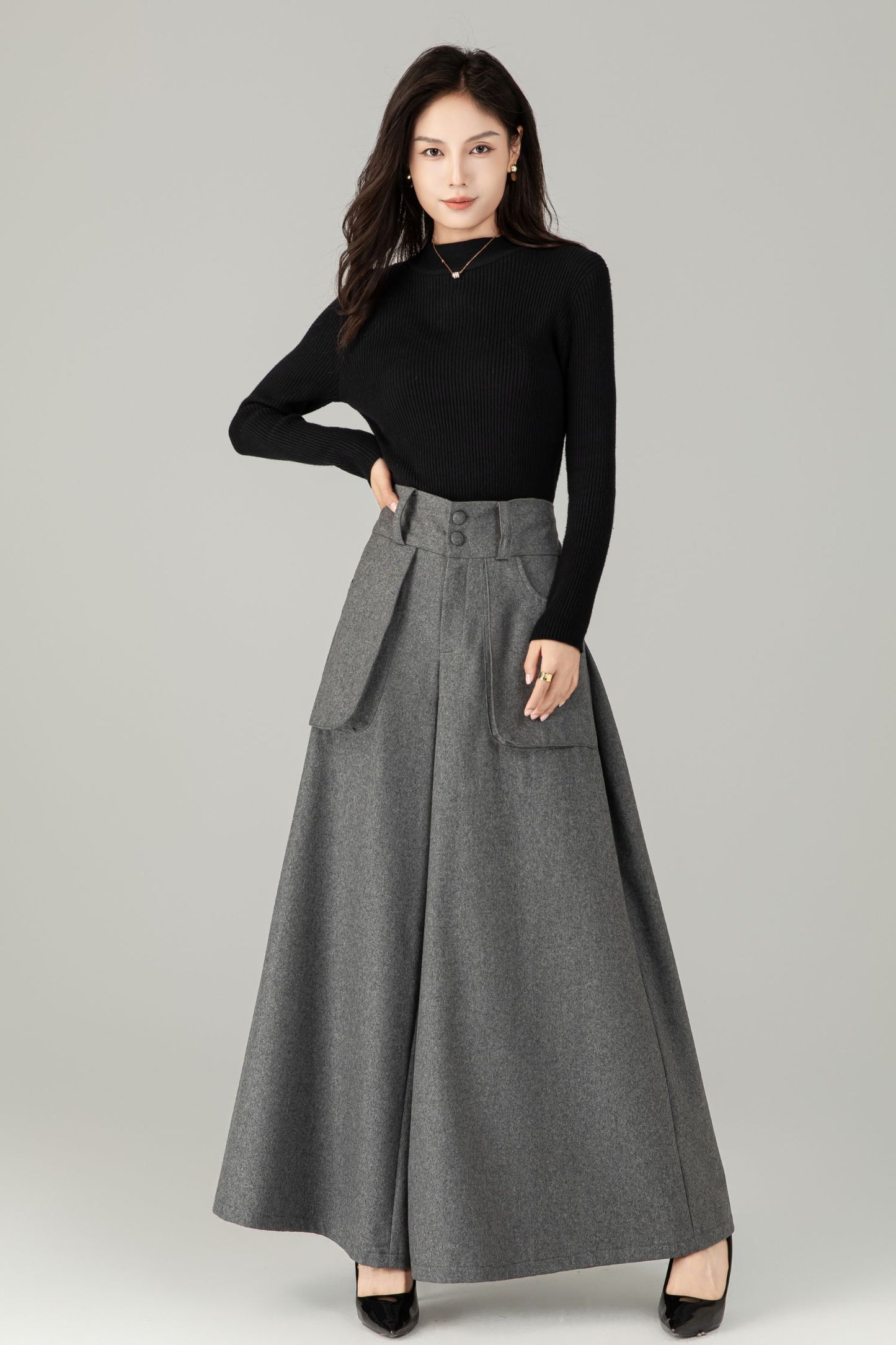 High-Waist Wide-Leg Wool Trousers — Palazzo Wool Pants C5245