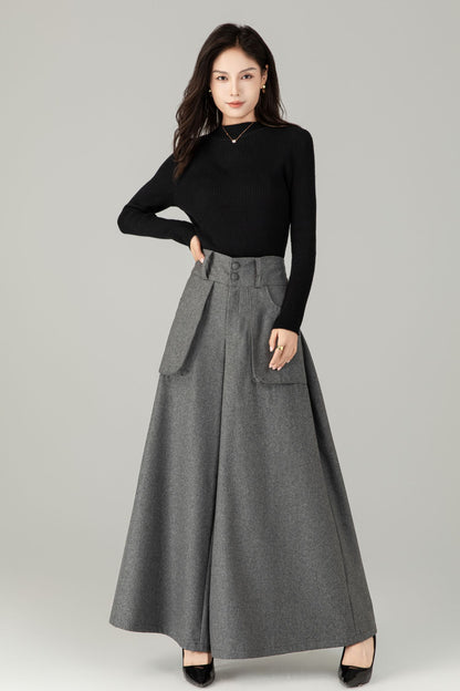 High-Waist Wide-Leg Wool Trousers — Palazzo Wool Pants C5245