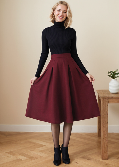 A Line Pleated Midi Wool Skirt Women C4362