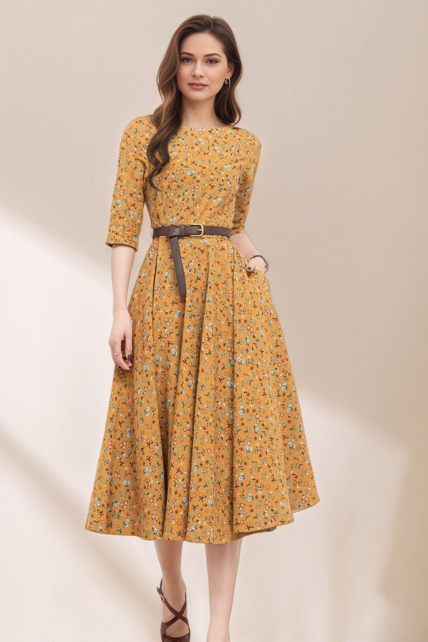 Floral swing linen dress women C5367