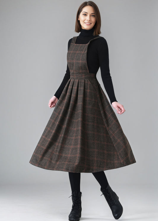 Plaid Wool Pinafore Pleated Dress,Winter Wool dress women C5151
