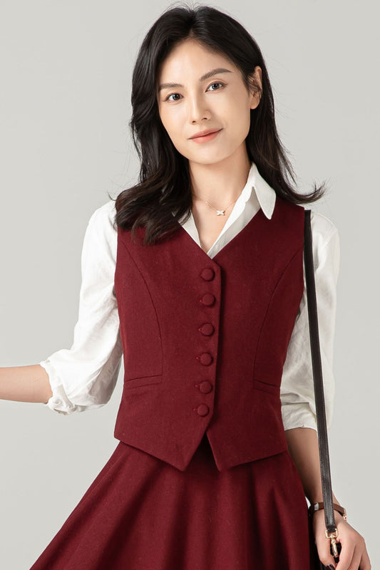Burgundy Wool Blend Waistcoat: Vintage-Inspired Vest with Adjustable Back Tab, Ylistyle C5370