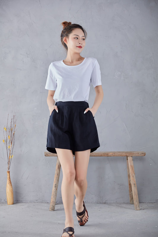 Black High Waist Summer Linen Shorts C2178