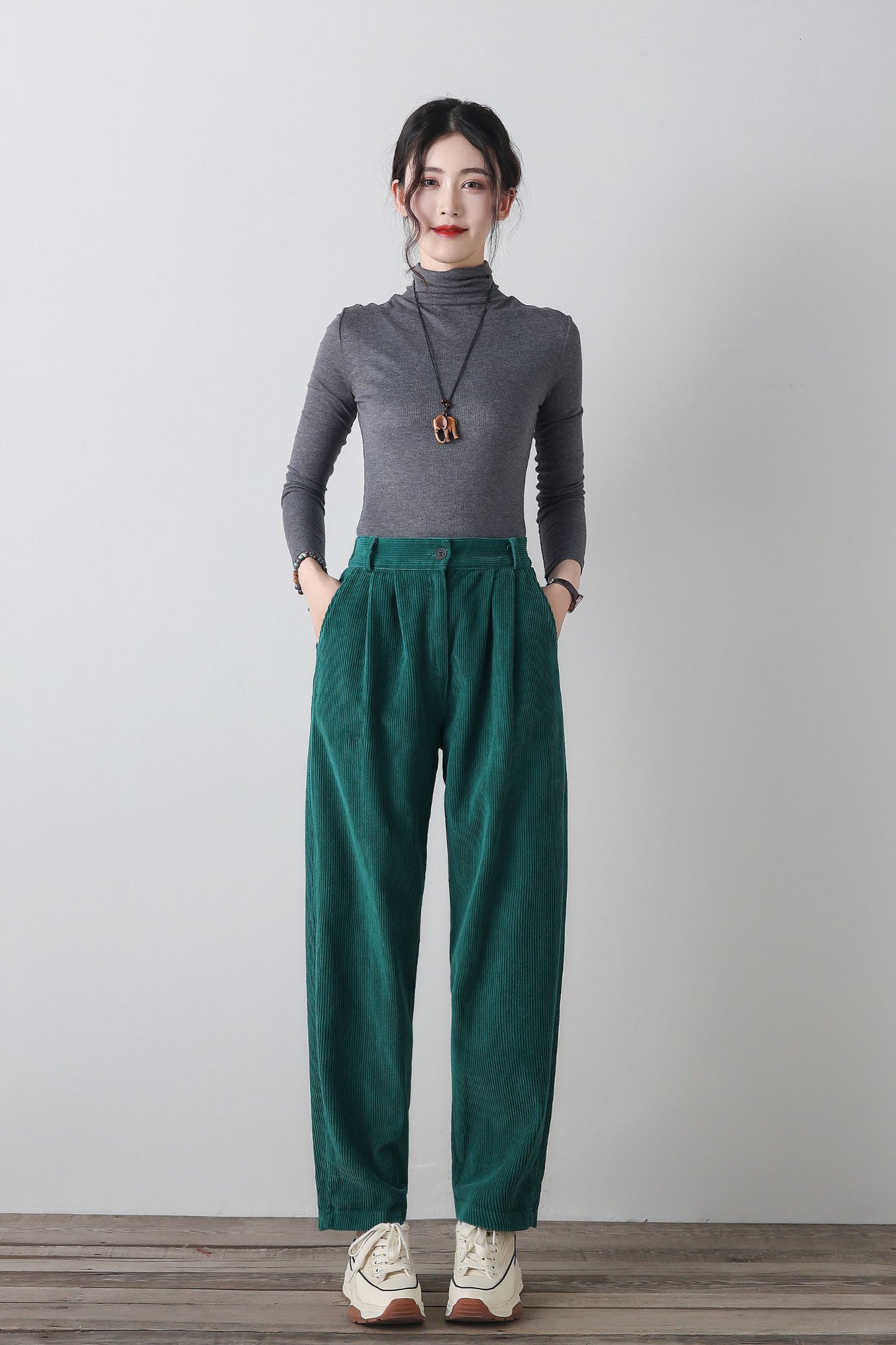 Green wide leg corduroy winter pants C4346