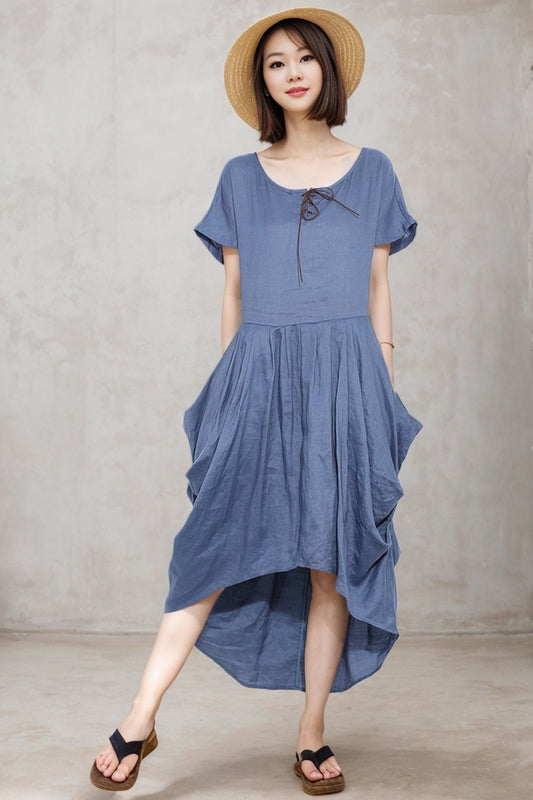Irregular blue summer linen dress C4680