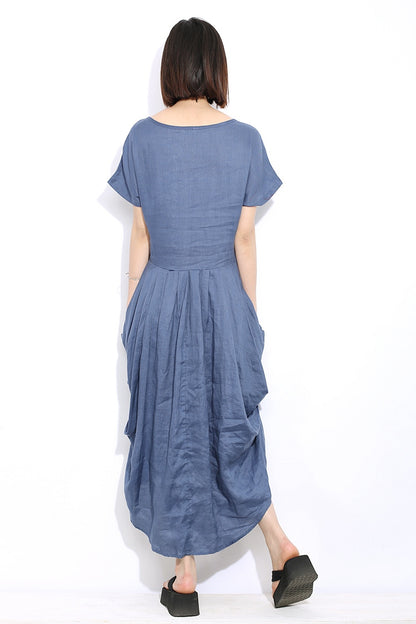 Irregular blue summer linen dress C4680