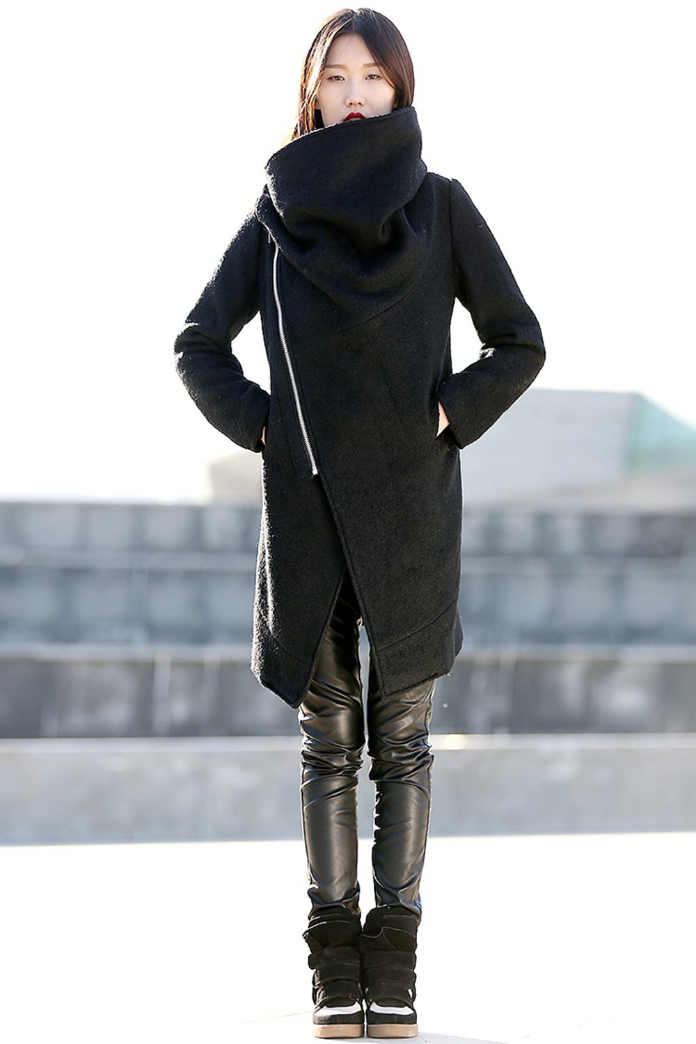 Women's  Wool Cowl Neck asymmetrical Coats C162#
