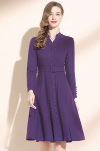 V neck purple winter wool dress with belted waist C3442