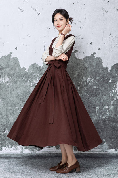 Brown Linen Maxi Dress - Sleeveless V-Neck with Tie Waist c5478