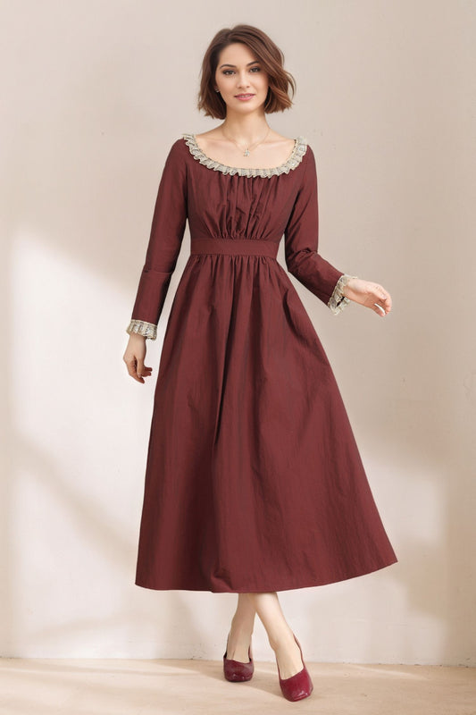 Women's Burgundy Princess linen dress C5331