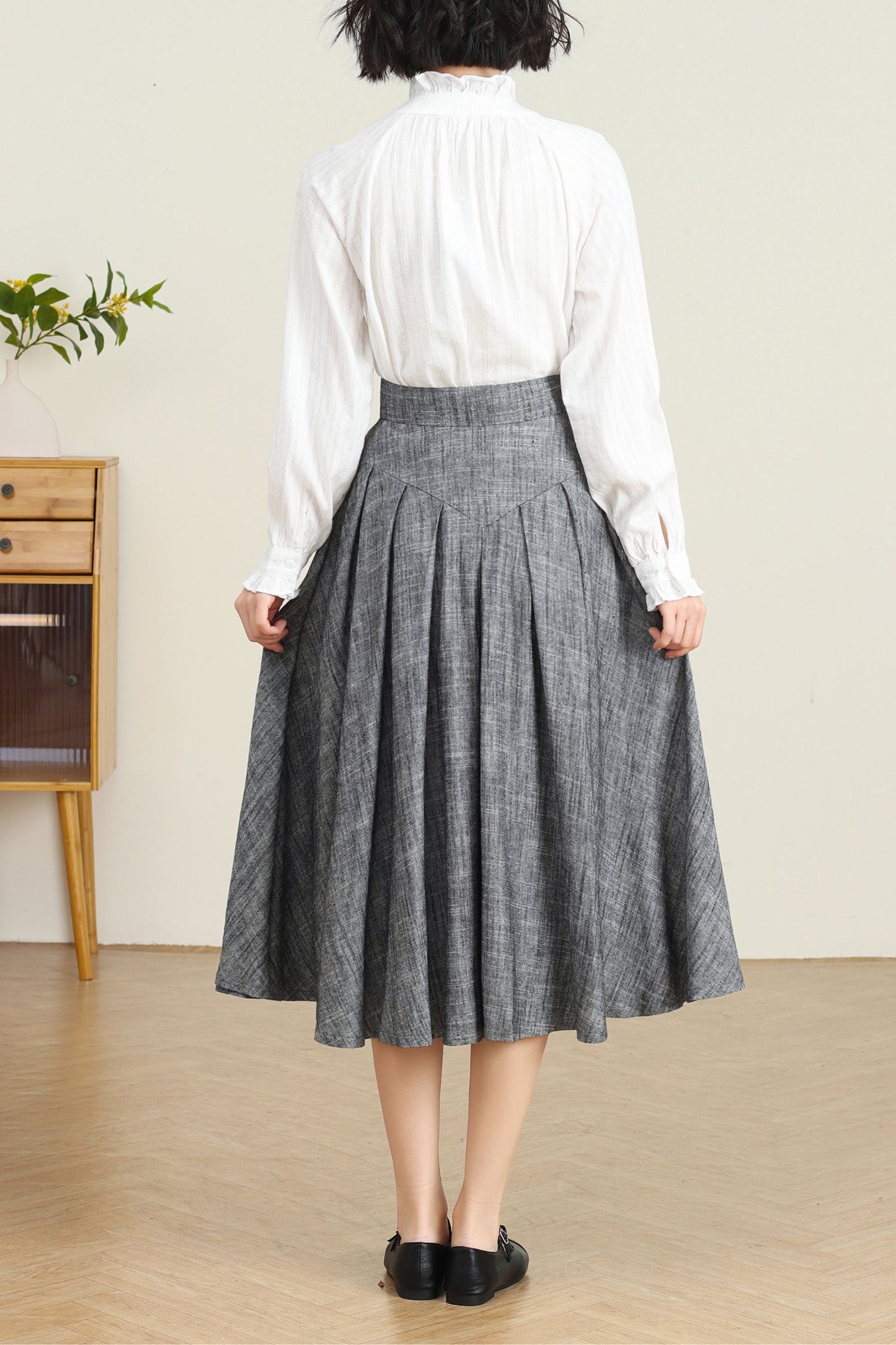 Grey Linen Swing Midi Skirt C4737