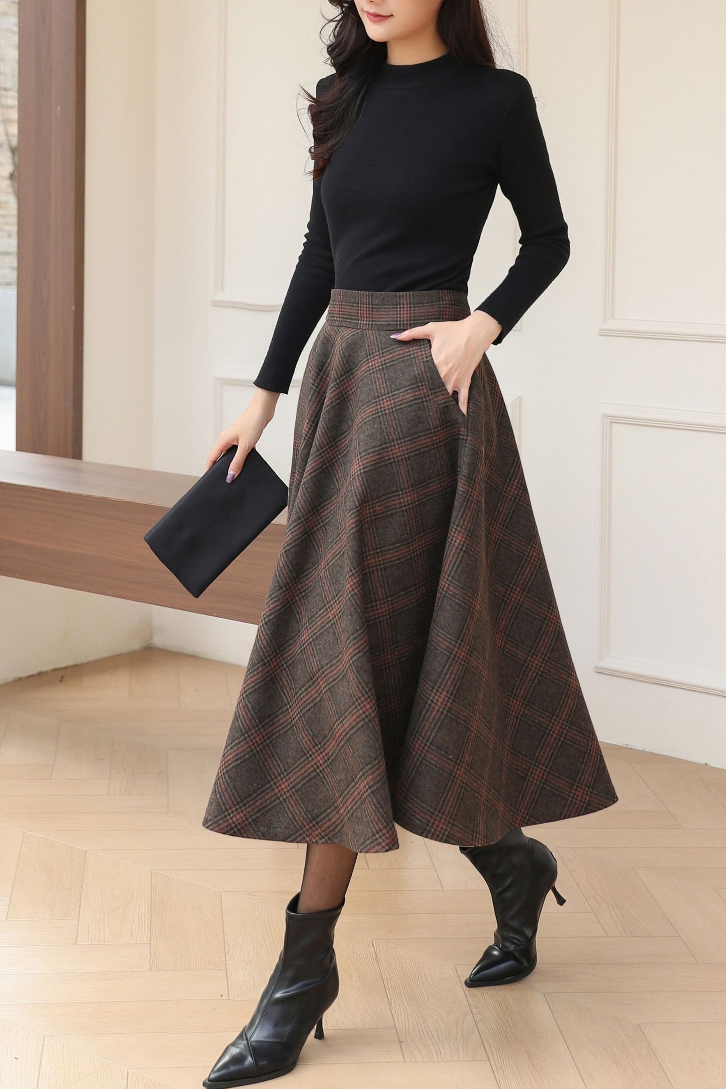 Classic A-Line Wool Plaid Skirt for Autumn Winter C5185