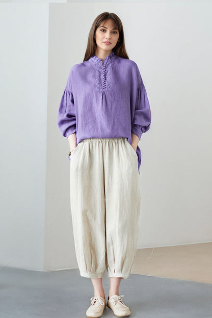 Purple Cotton Linen Blouse: Oversized Long Sleeve Boho Shirt with Ruffled Collar, Ylistyle C5323