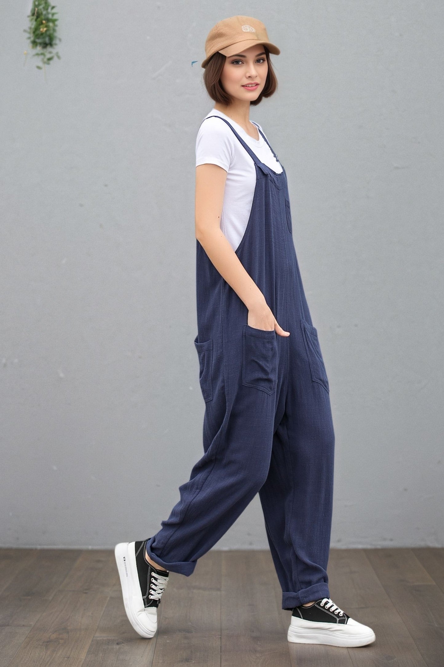 Navy Linen Cotton Overalls: Loose Fit Women’s Summer Jumpsuit, Ylistyle C5408