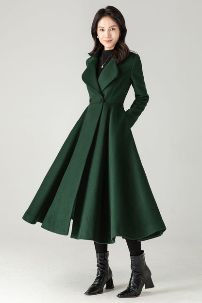 Emerald Green Wool Coat: Elegant Women's Swing Long Flared Trench Coat C5341