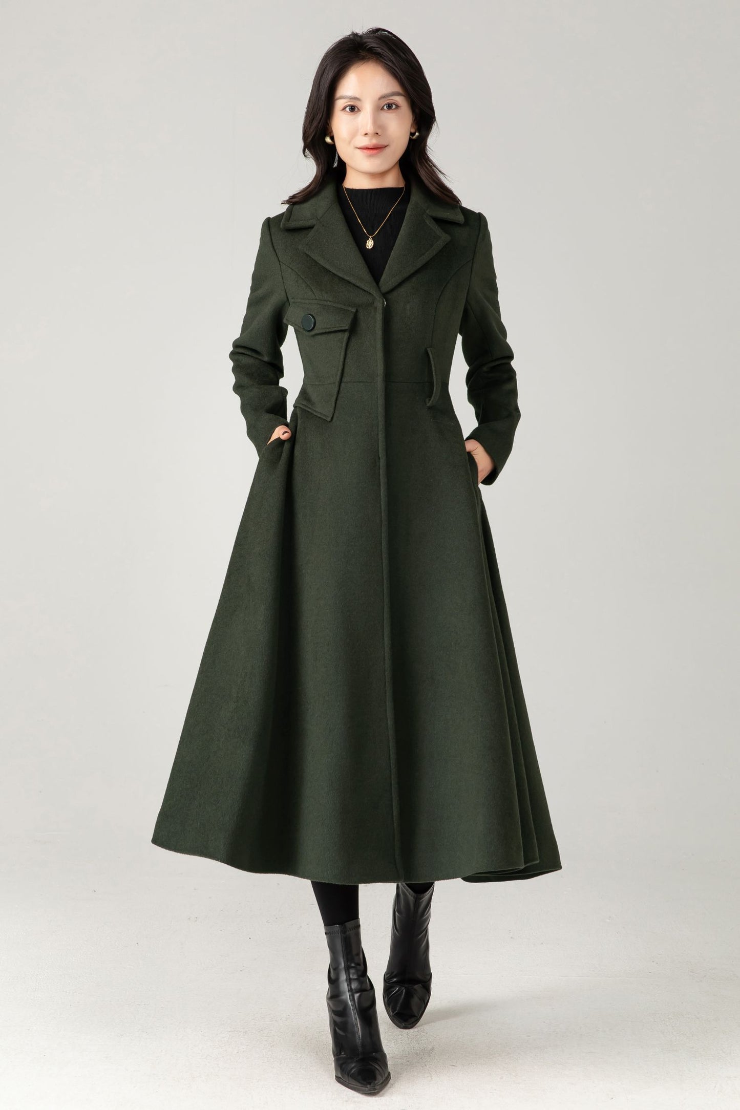 Green Wool Coat: Women’s Tailored Belted A-Line Winter Overcoa C5336