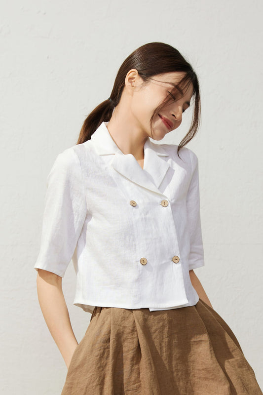 White Double Breasted Linen Shirt C3933