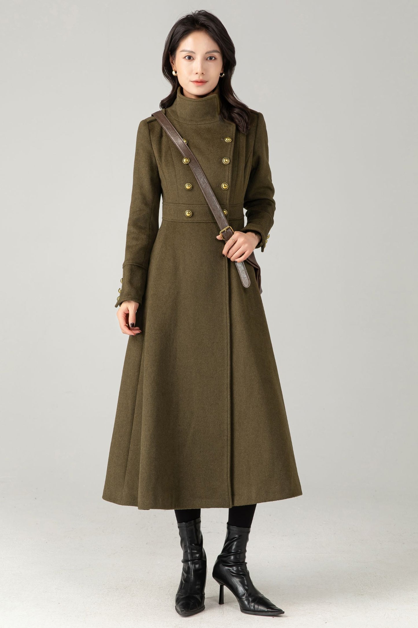 Green Wool Maxi Trench Coat: Double Breasted Long Winter Overcoat C5344