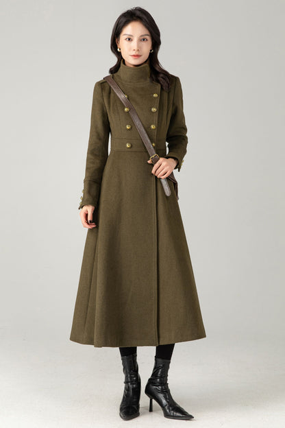 Green Wool Maxi Trench Coat: Double Breasted Long Winter Overcoat C5344