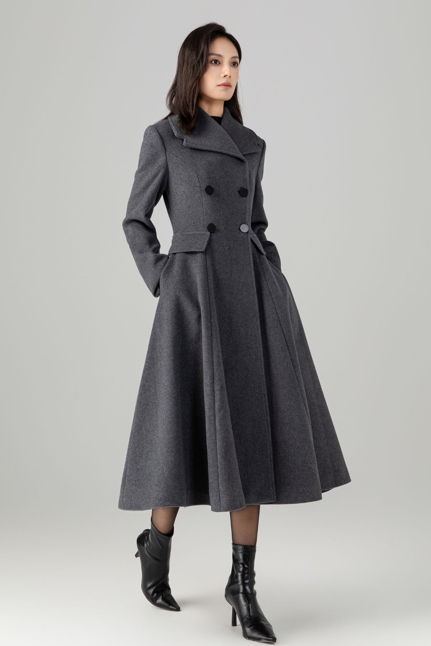 Gray double breasted long wool coat C5270