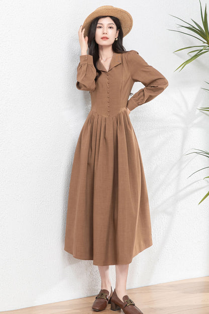 Vintage-Inspired Shirt Dress – Long Sleeve Midi Dress C4759