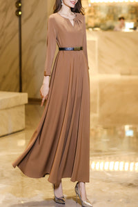 khaki waisted long spring and autumn dress C4183