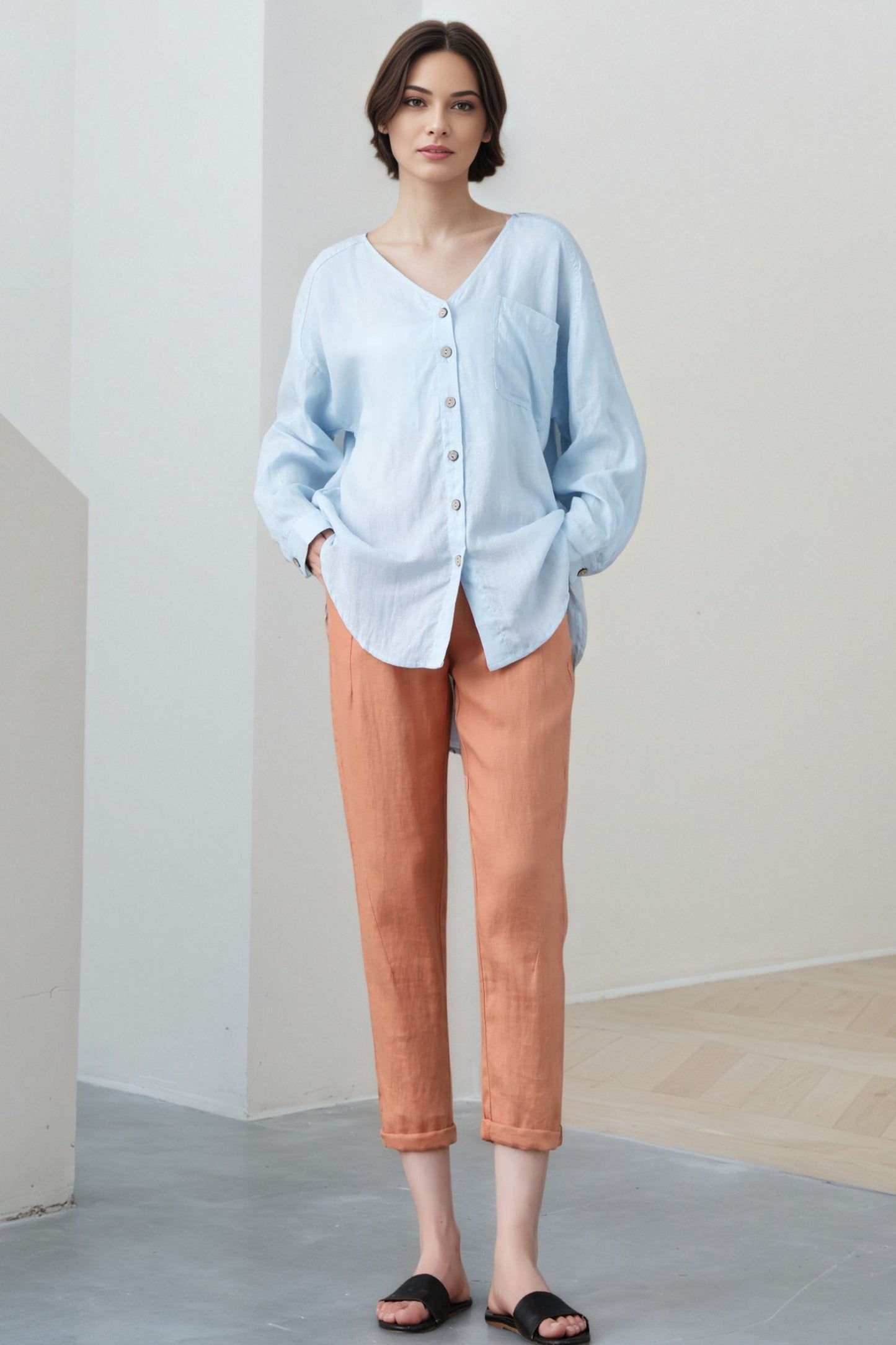 Light Blue Linen Blouse: Oversized V-Neck Long Sleeve Button-Up Top, Ylistyle C5324