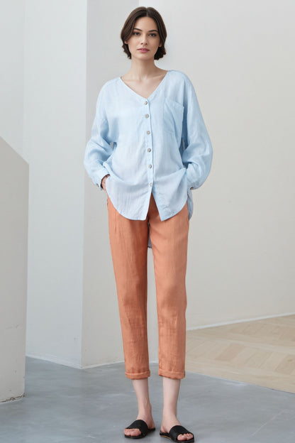 Light Blue Linen Blouse: Oversized V-Neck Long Sleeve Button-Up Top, Ylistyle C5324