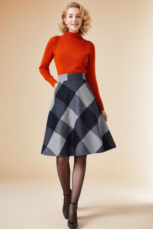 Retro Wool Plaid Skirt Women C4351