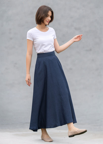 Casual High Waist A Line Blue Linen Skirt C5144
